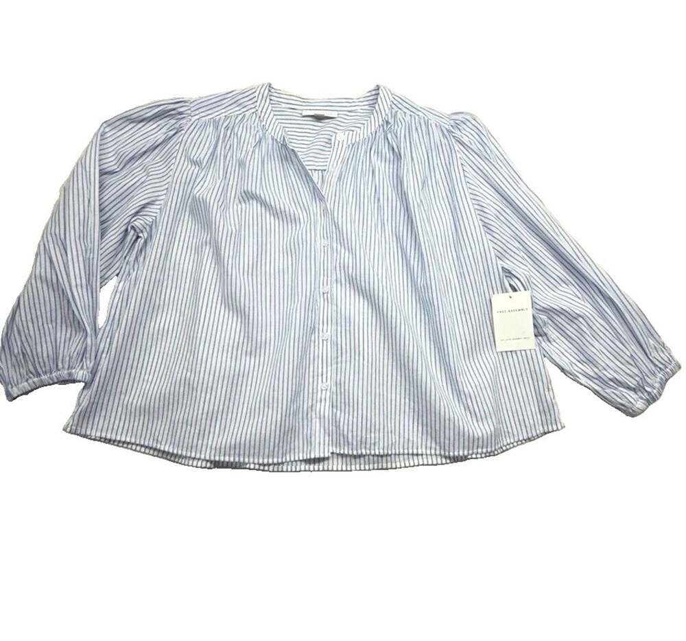Free Assembly Blouse Womens L Blue White Stripe Puff Sleeve Cotton NWT